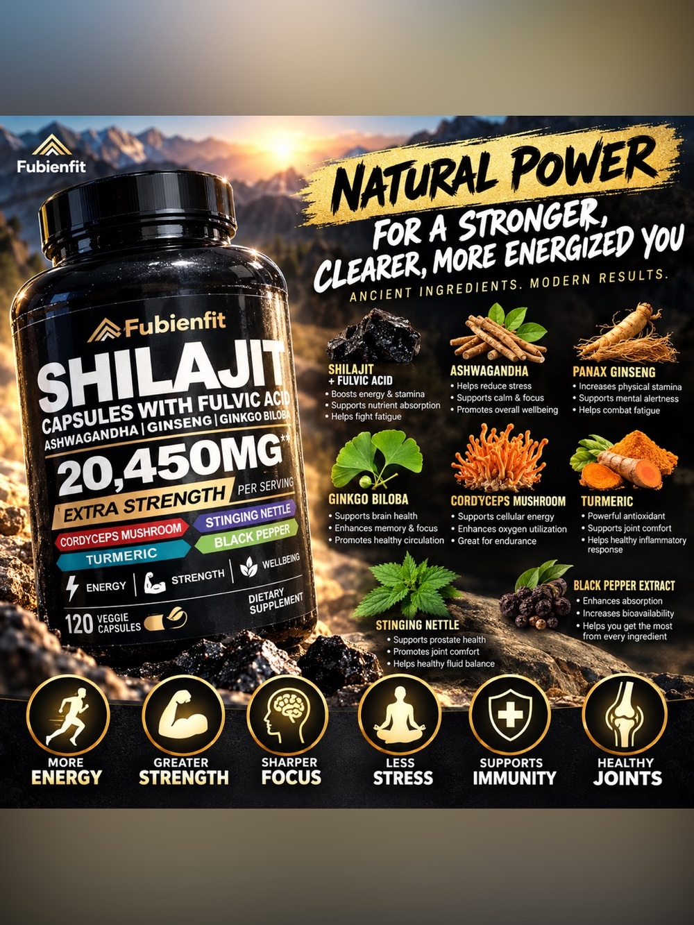 120pc Shilajit caps with Fulvic Acid - Black